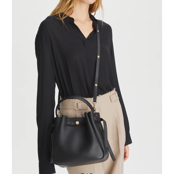 Tory Burch Romy  Black Pebble Leather Bucket Bag - Picture 3 of 12